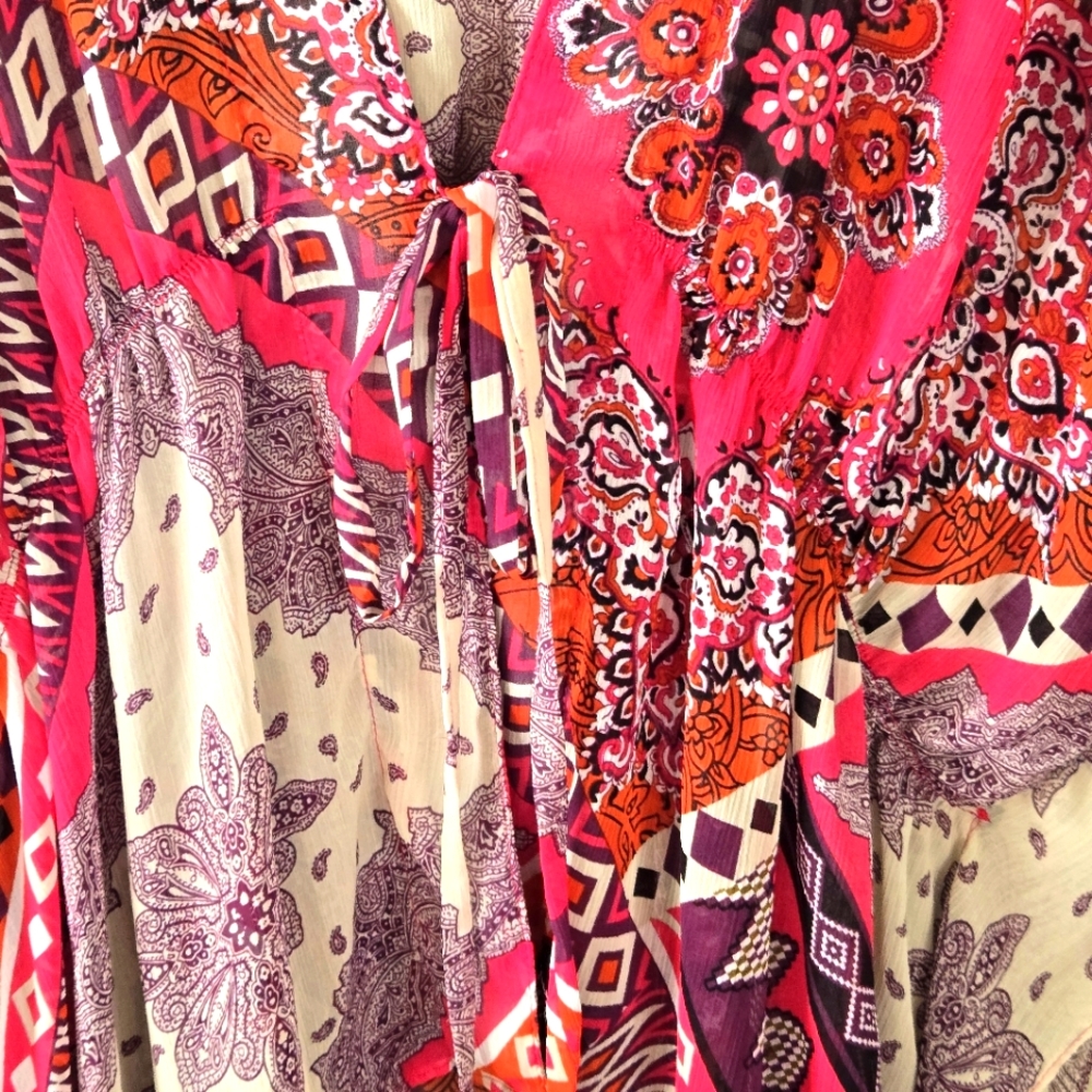 Maggie Barnes Bohemian Open Cardigan 2X Multicolor Kimono Sleeve Tie Waist - Picture 7 of 11